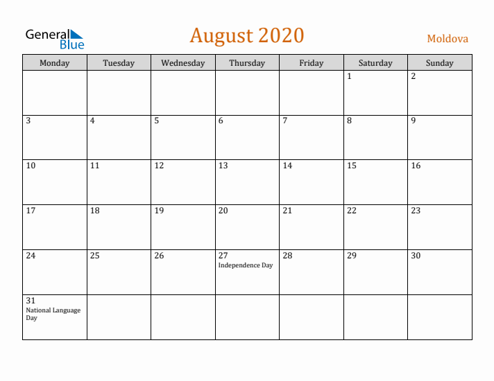 August 2020 Holiday Calendar with Monday Start