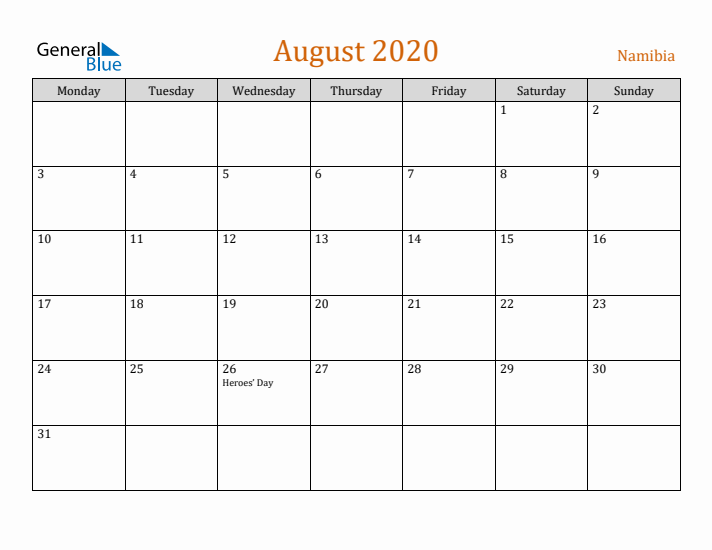 August 2020 Holiday Calendar with Monday Start