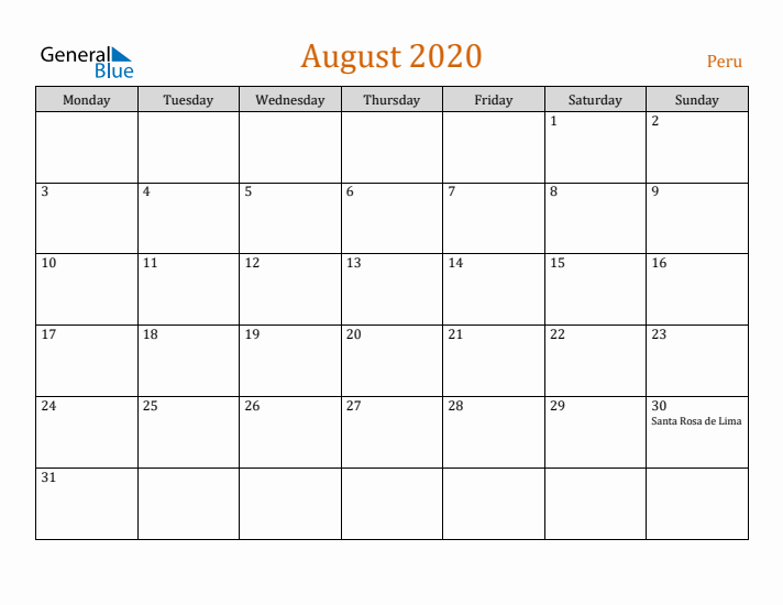 August 2020 Holiday Calendar with Monday Start