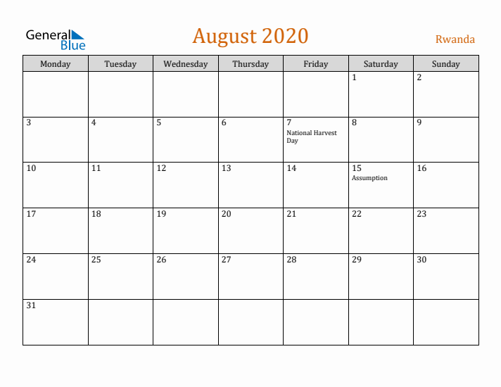 August 2020 Holiday Calendar with Monday Start