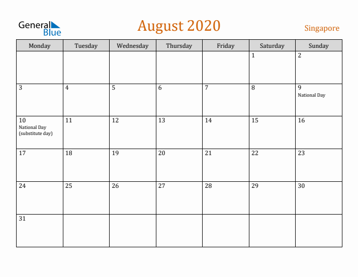 August 2020 Holiday Calendar with Monday Start