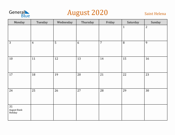 August 2020 Holiday Calendar with Monday Start