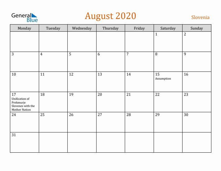 August 2020 Holiday Calendar with Monday Start