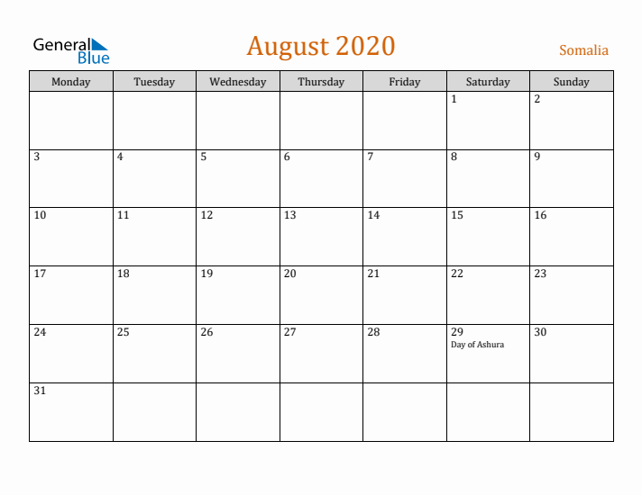 August 2020 Holiday Calendar with Monday Start