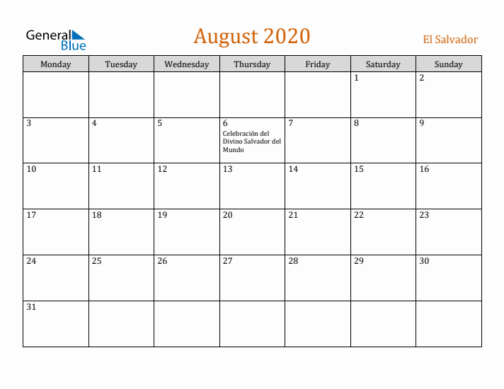 August 2020 Holiday Calendar with Monday Start