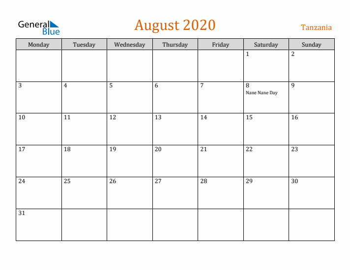 August 2020 Holiday Calendar with Monday Start