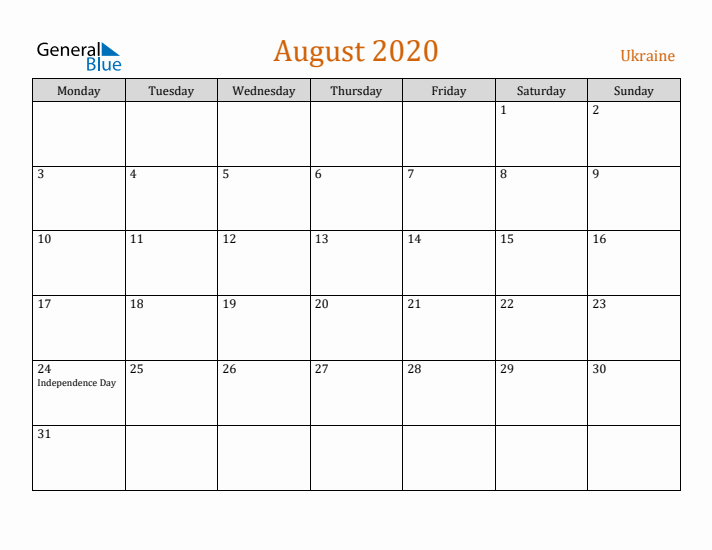 August 2020 Holiday Calendar with Monday Start