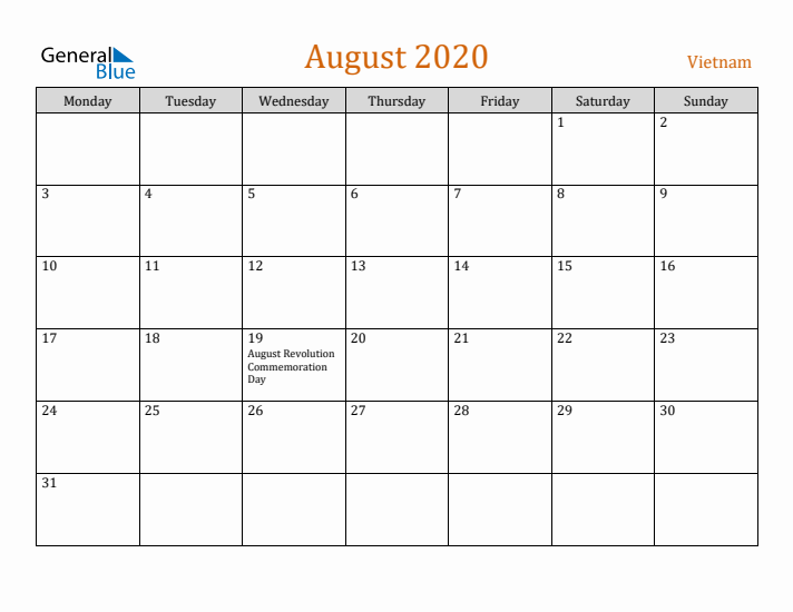 August 2020 Holiday Calendar with Monday Start