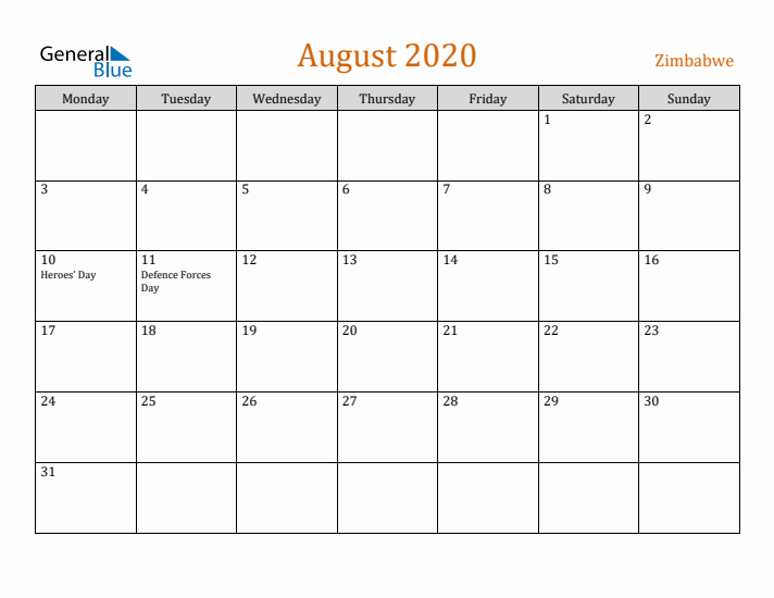 August 2020 Holiday Calendar with Monday Start