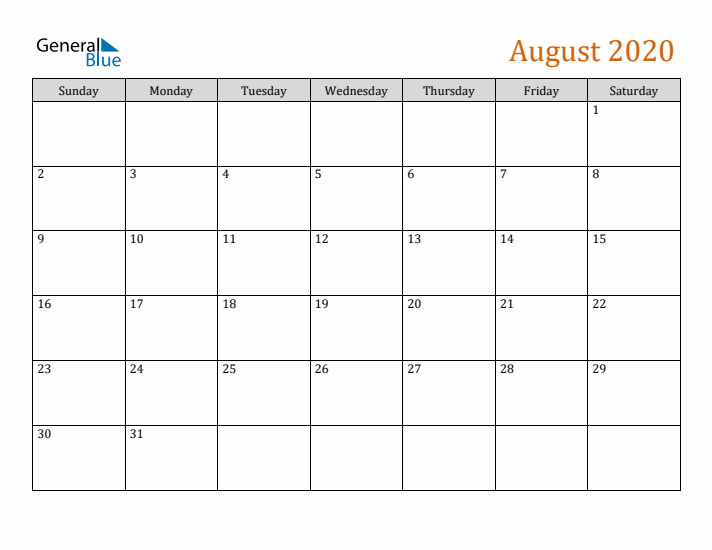 Editable August 2020 Calendar