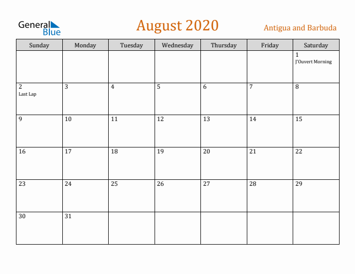 August 2020 Holiday Calendar with Sunday Start