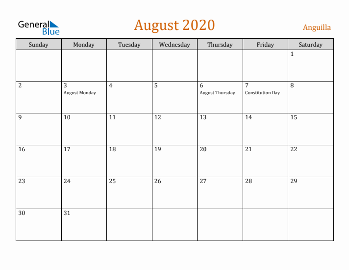 August 2020 Holiday Calendar with Sunday Start