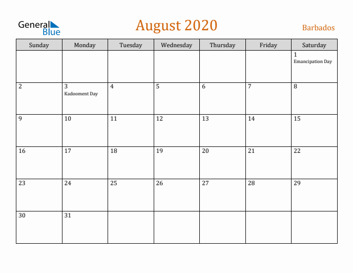 August 2020 Holiday Calendar with Sunday Start