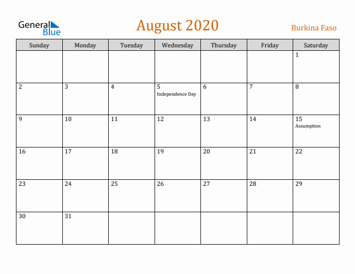 August 2020 Holiday Calendar with Sunday Start