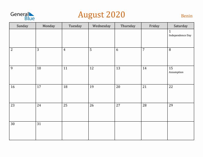 August 2020 Holiday Calendar with Sunday Start