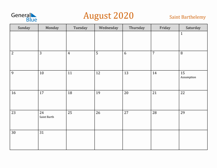 August 2020 Holiday Calendar with Sunday Start