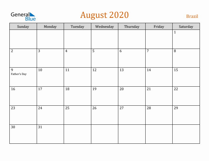 August 2020 Holiday Calendar with Sunday Start