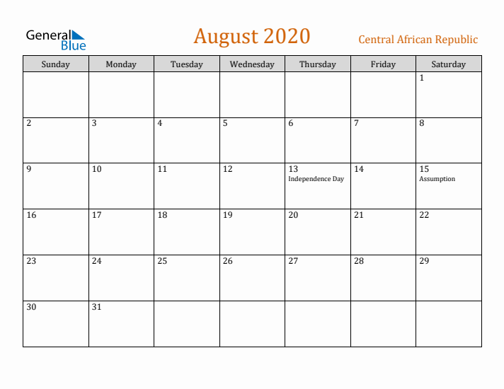 August 2020 Holiday Calendar with Sunday Start