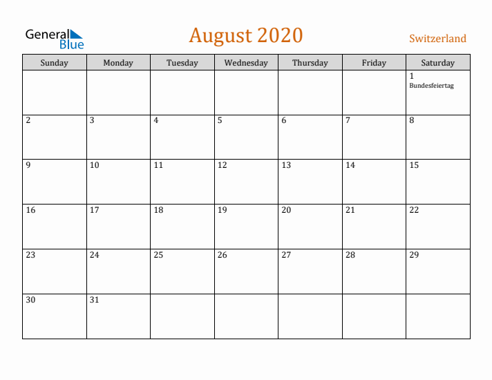 August 2020 Holiday Calendar with Sunday Start