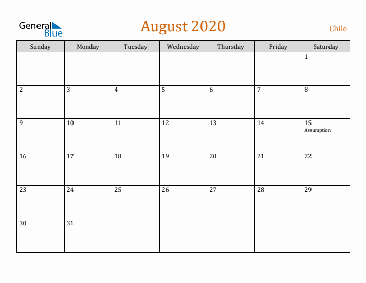 August 2020 Holiday Calendar with Sunday Start