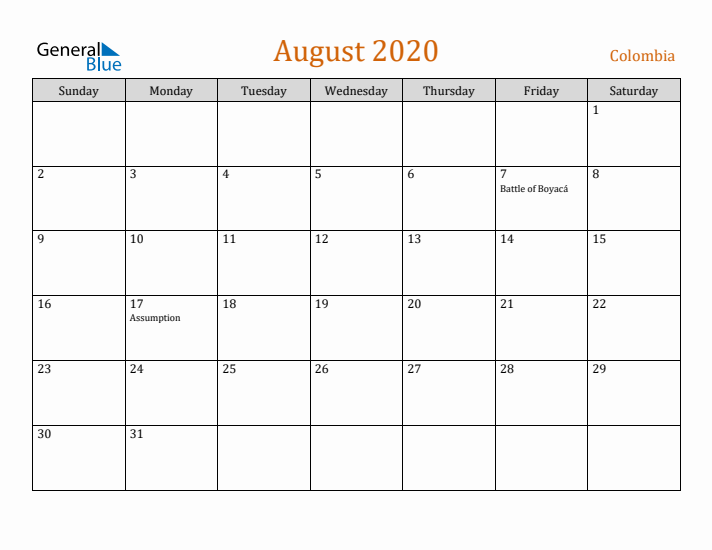 August 2020 Holiday Calendar with Sunday Start