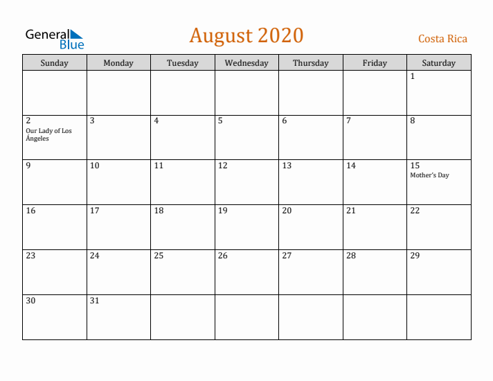 August 2020 Holiday Calendar with Sunday Start