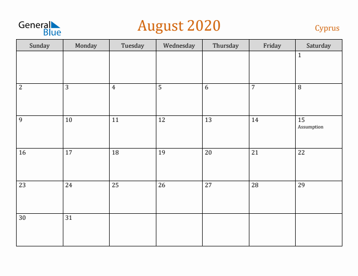 August 2020 Holiday Calendar with Sunday Start