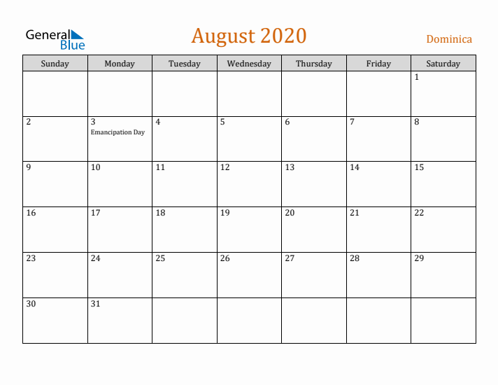 August 2020 Holiday Calendar with Sunday Start