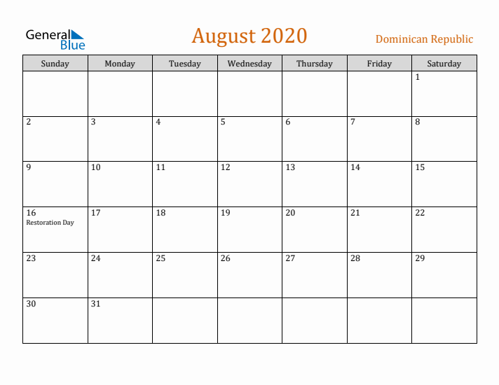 August 2020 Holiday Calendar with Sunday Start