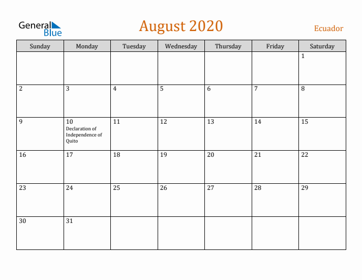 August 2020 Holiday Calendar with Sunday Start