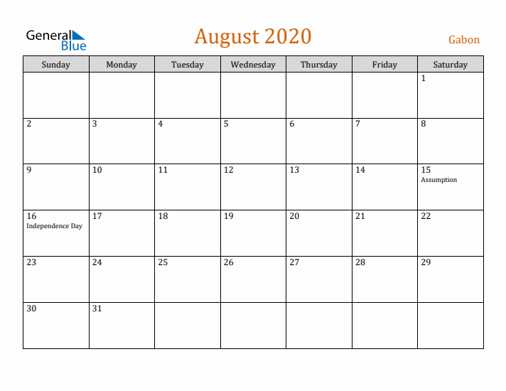 August 2020 Holiday Calendar with Sunday Start