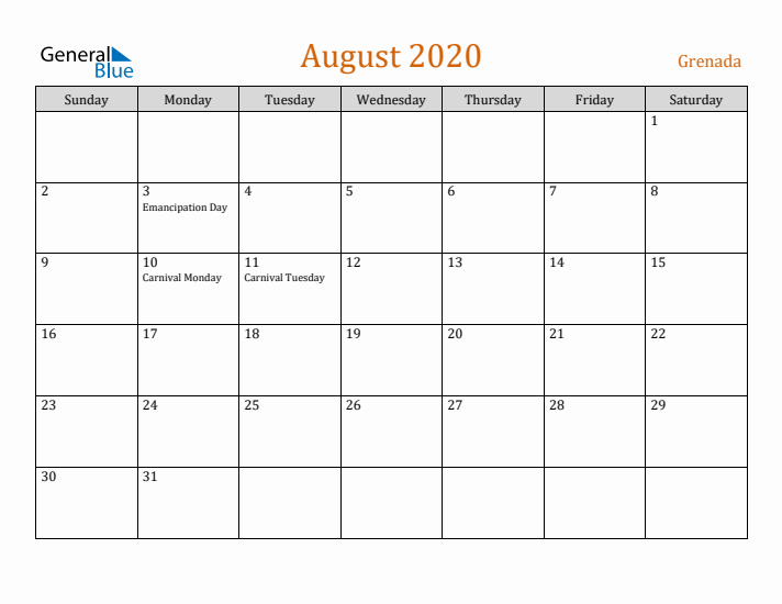 August 2020 Holiday Calendar with Sunday Start