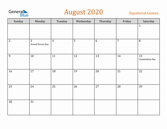 August 2020 Holiday Calendar with Sunday Start