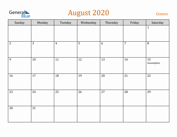 August 2020 Holiday Calendar with Sunday Start