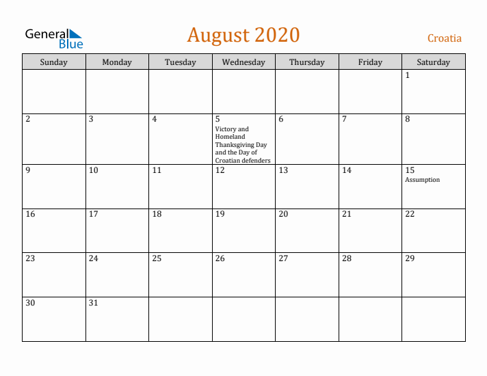 August 2020 Holiday Calendar with Sunday Start