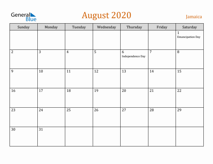 August 2020 Holiday Calendar with Sunday Start