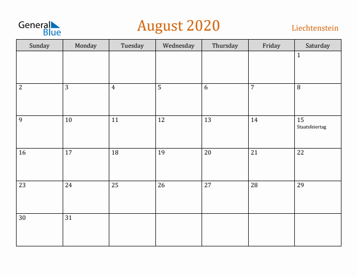 August 2020 Holiday Calendar with Sunday Start