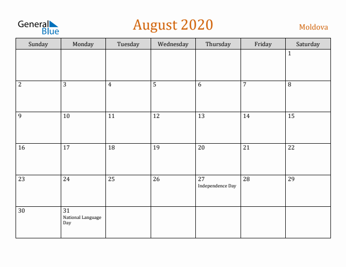 August 2020 Holiday Calendar with Sunday Start