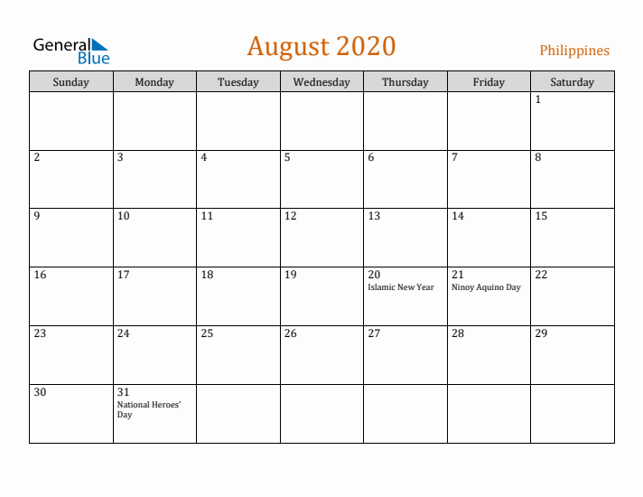 August 2020 Holiday Calendar with Sunday Start