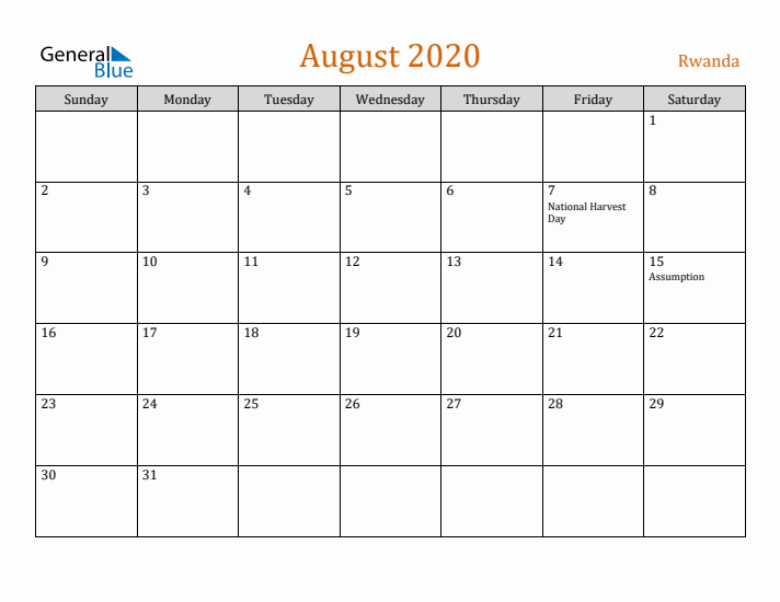 August 2020 Holiday Calendar with Sunday Start