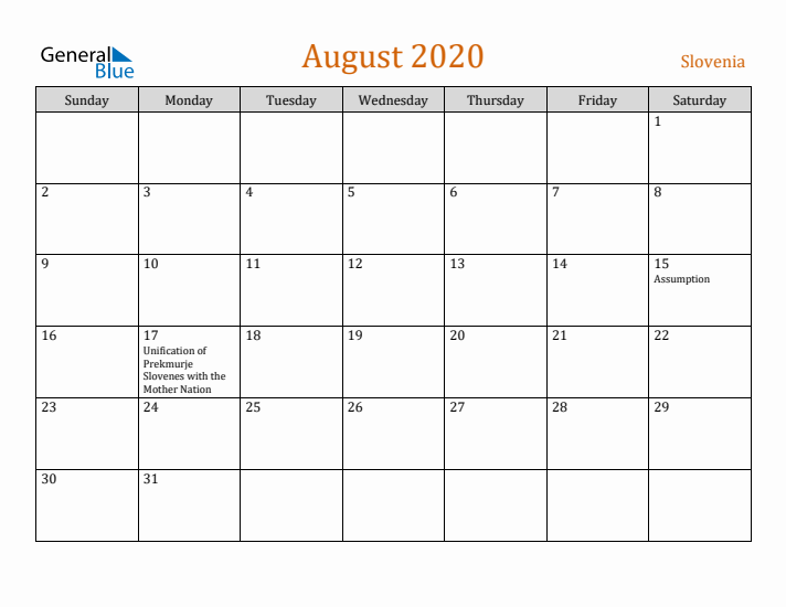 August 2020 Holiday Calendar with Sunday Start