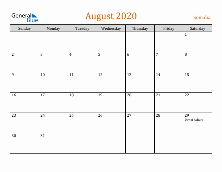 August 2020 Holiday Calendar with Sunday Start