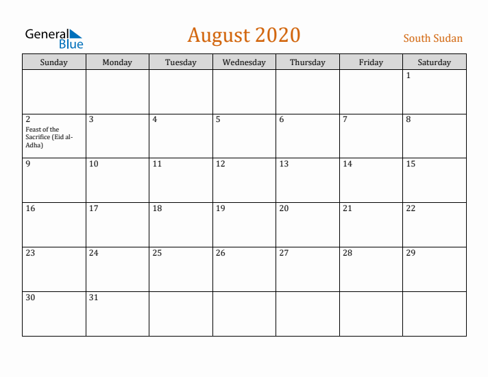 August 2020 Holiday Calendar with Sunday Start