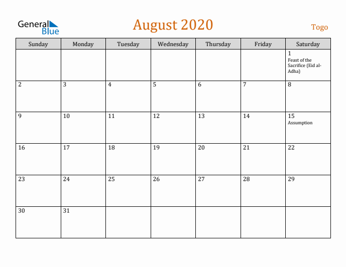 August 2020 Holiday Calendar with Sunday Start