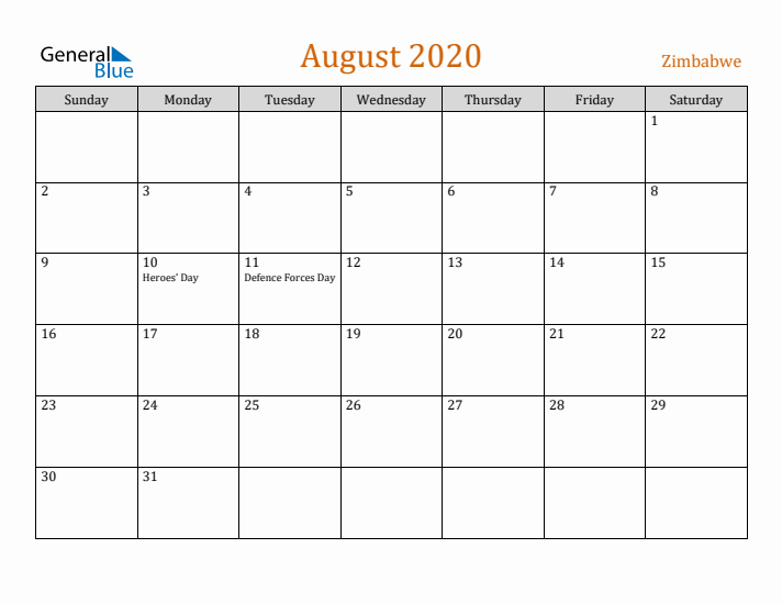 August 2020 Holiday Calendar with Sunday Start