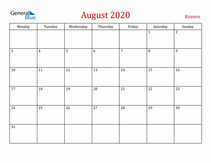 Kosovo August 2020 Calendar - Monday Start