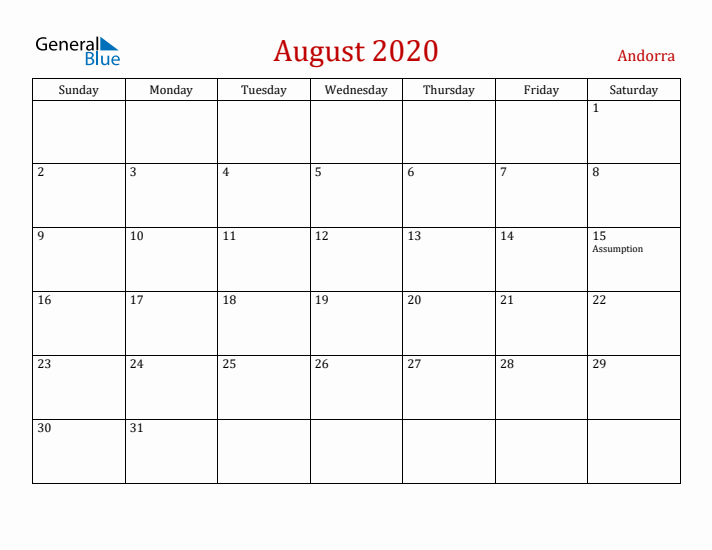 Andorra August 2020 Calendar - Sunday Start