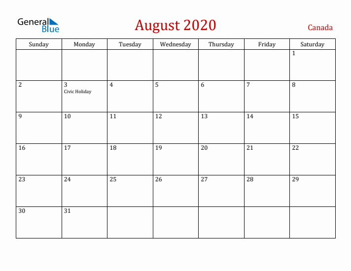 Canada August 2020 Calendar - Sunday Start