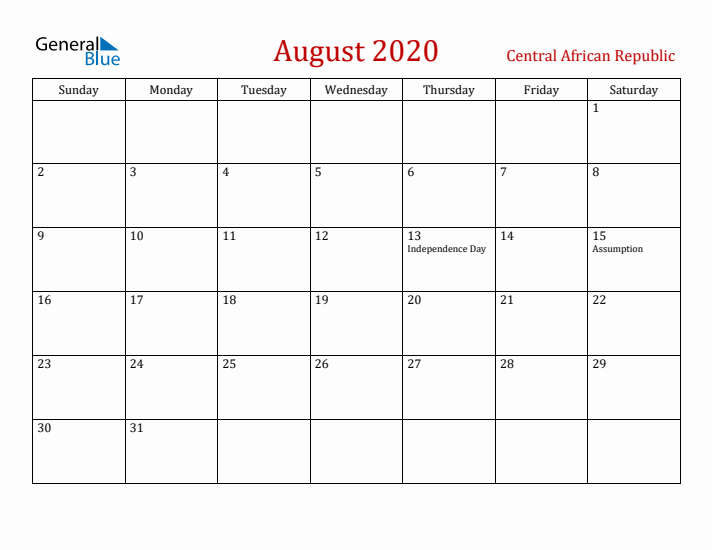 Central African Republic August 2020 Calendar - Sunday Start