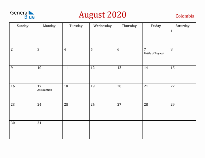 Colombia August 2020 Calendar - Sunday Start